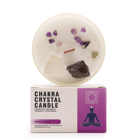 Chakra Kristallkerze – Kronenchakra | Sojakerze mit Edelsteinen