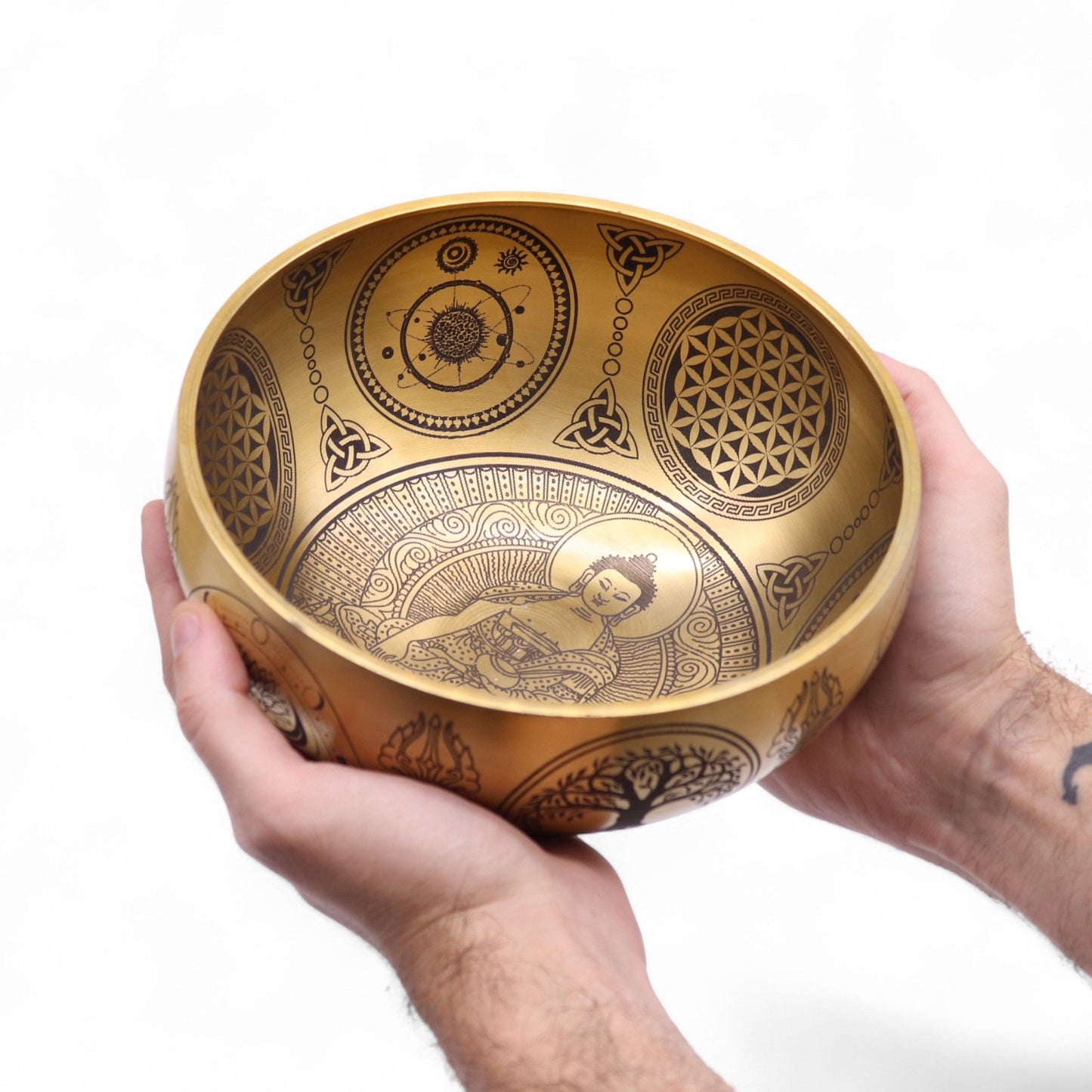 4er Set Gravierte Messing-Klangschalen – Buddha Motiv (ca. 3,85kg)