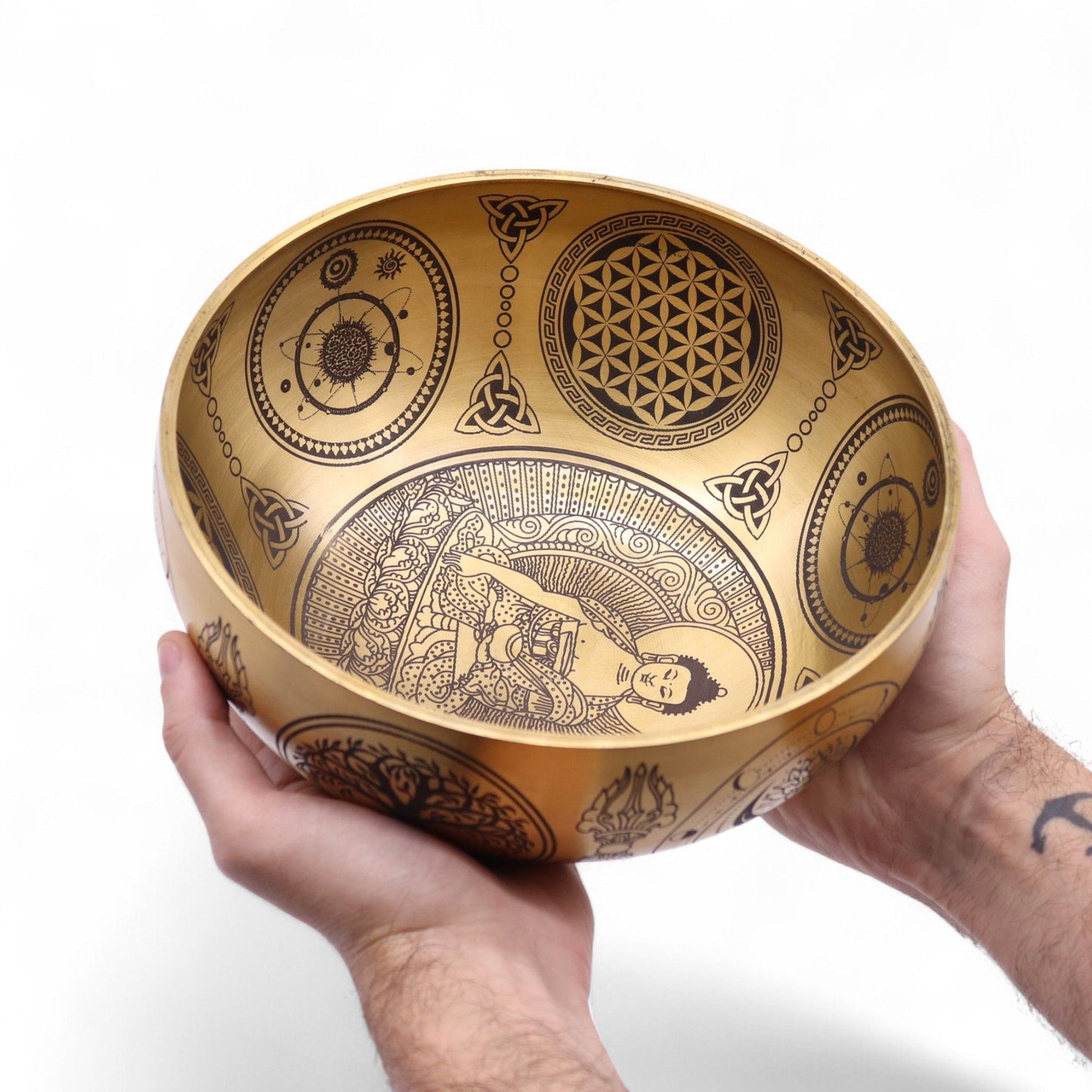 4er Set Gravierte Messing-Klangschalen – Buddha Motiv (ca. 3,85kg)