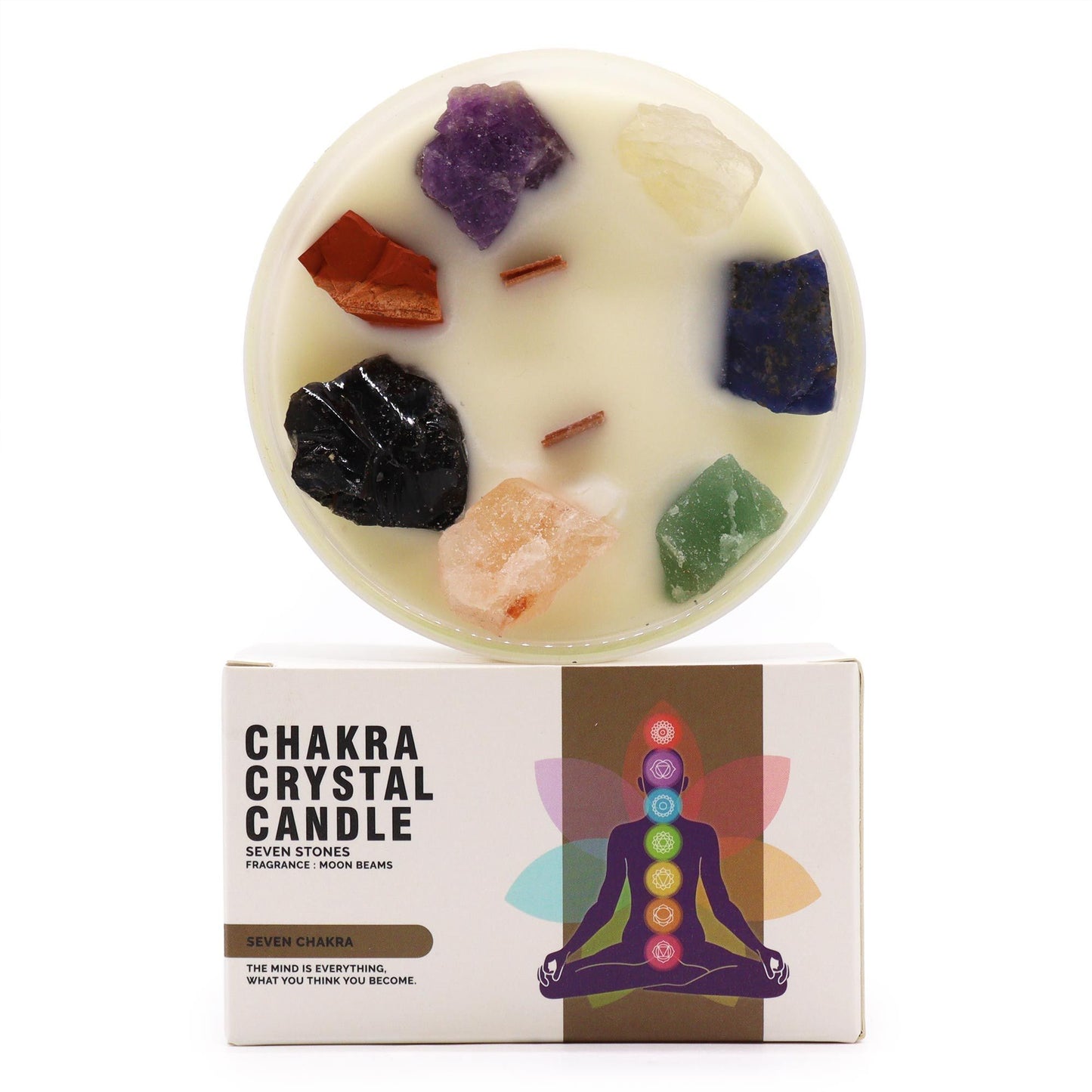 Große Chakra Kristallkerze – Sieben Chakras | Sojakerze mit 7 Edelsteinen