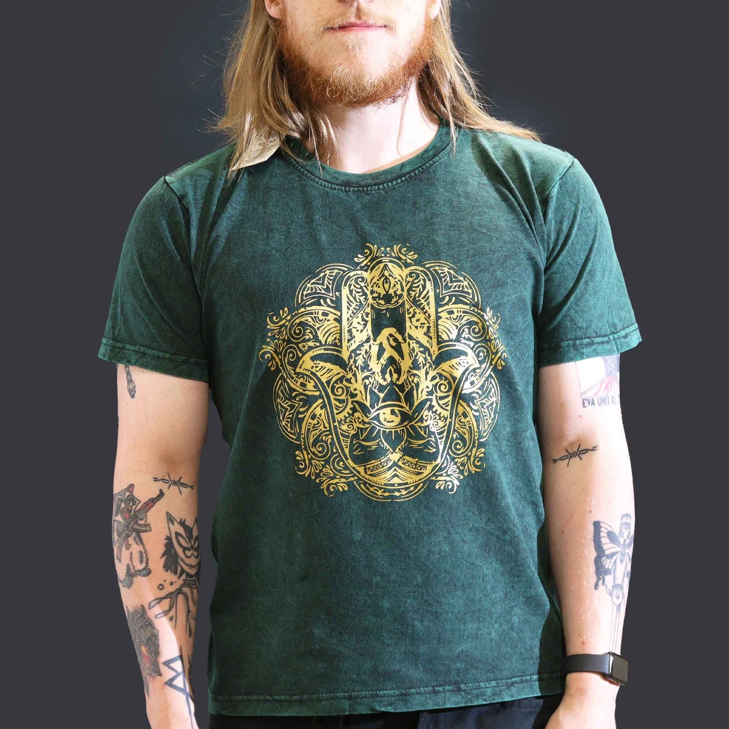 Nomad Sari Stonewashed T-Shirt – Hamsa – Grün – Größe L