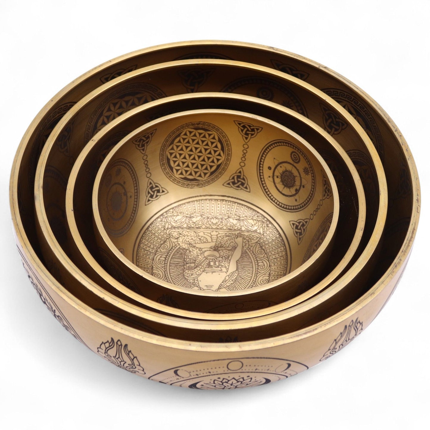 4er Set Gravierte Messing-Klangschalen – Buddha Motiv (ca. 3,85kg)