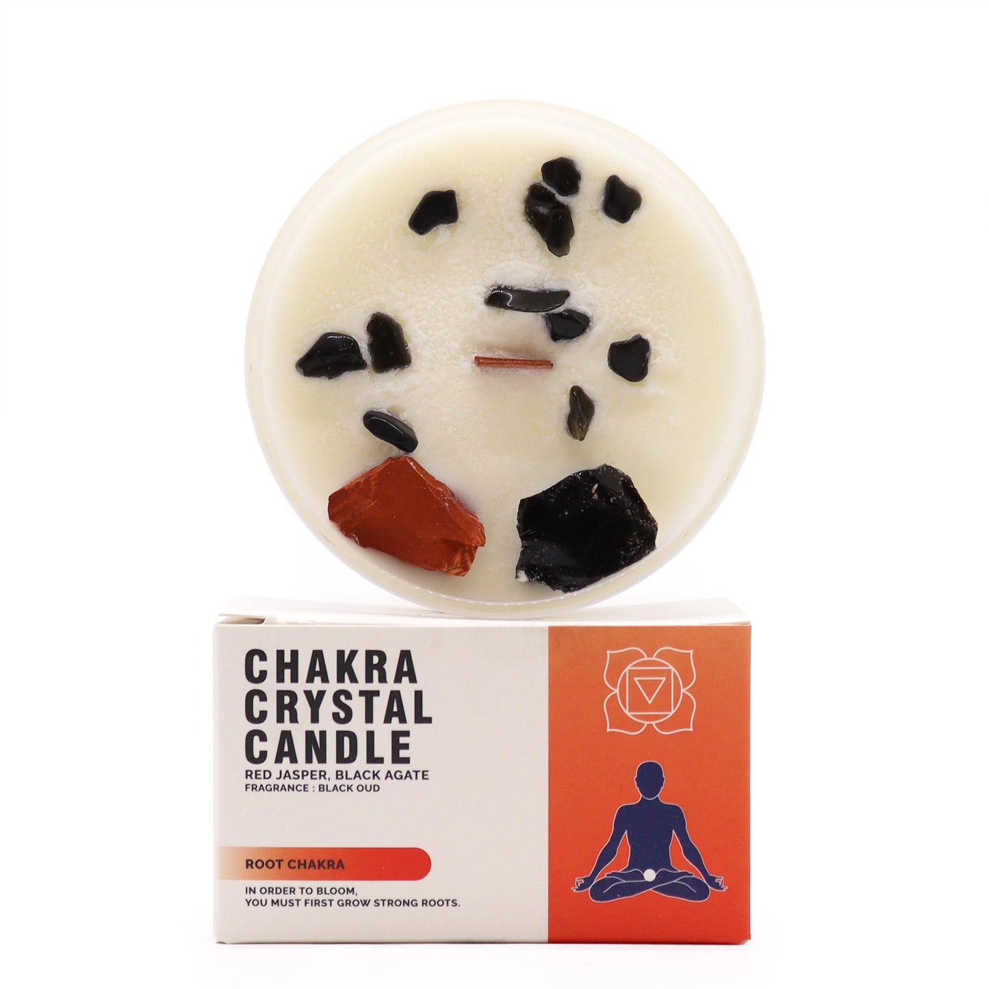 Chakra Kristallkerze – Wurzelchakra | Sojakerze mit Edelsteinen