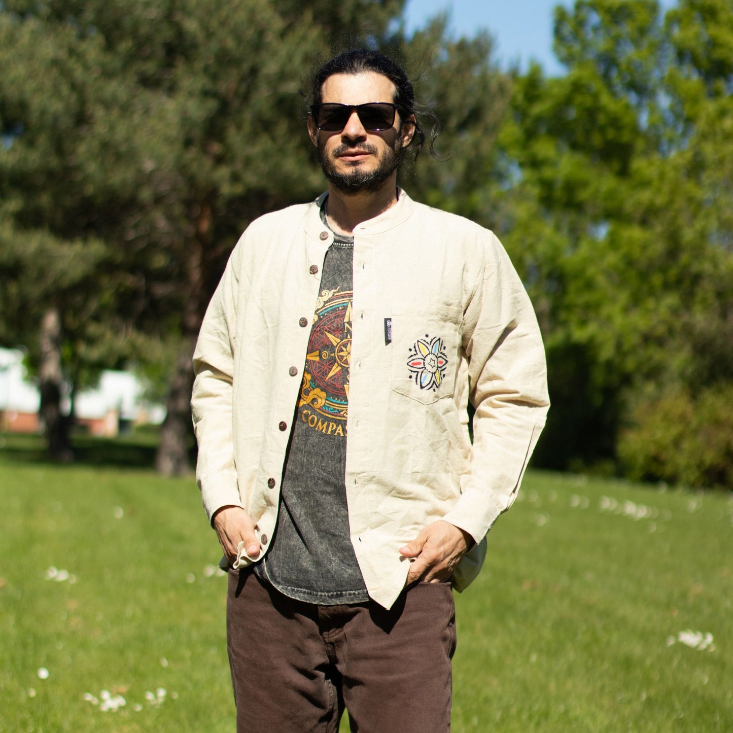 Nomad Sari Stonewashed T-Shirt – Kompass des Lebens – Anthrazit – Größe XL