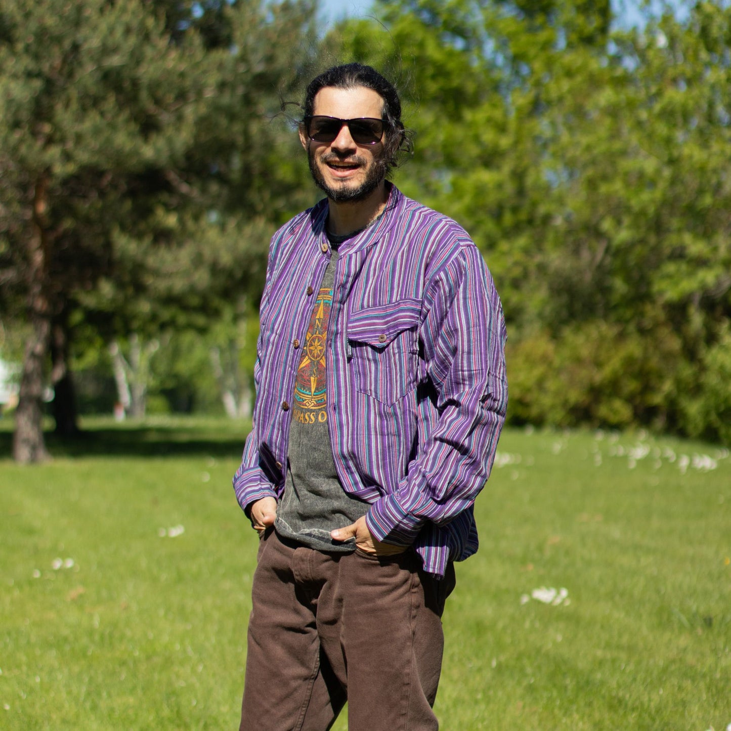 Nomad Sari Grandad Shirt – Black Purple – Größe M
