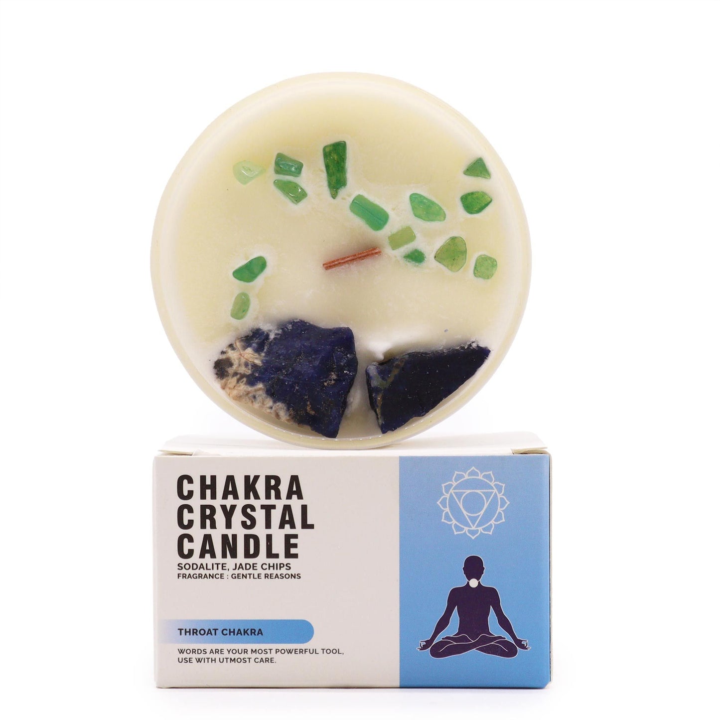 Chakra Kristallkerze – Halschakra | Sojakerze mit Edelsteinen