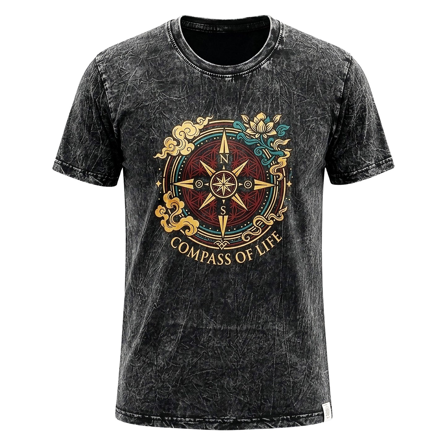 Nomad Sari Stonewashed T-Shirt – Kompass des Lebens – Anthrazit –GroBe L