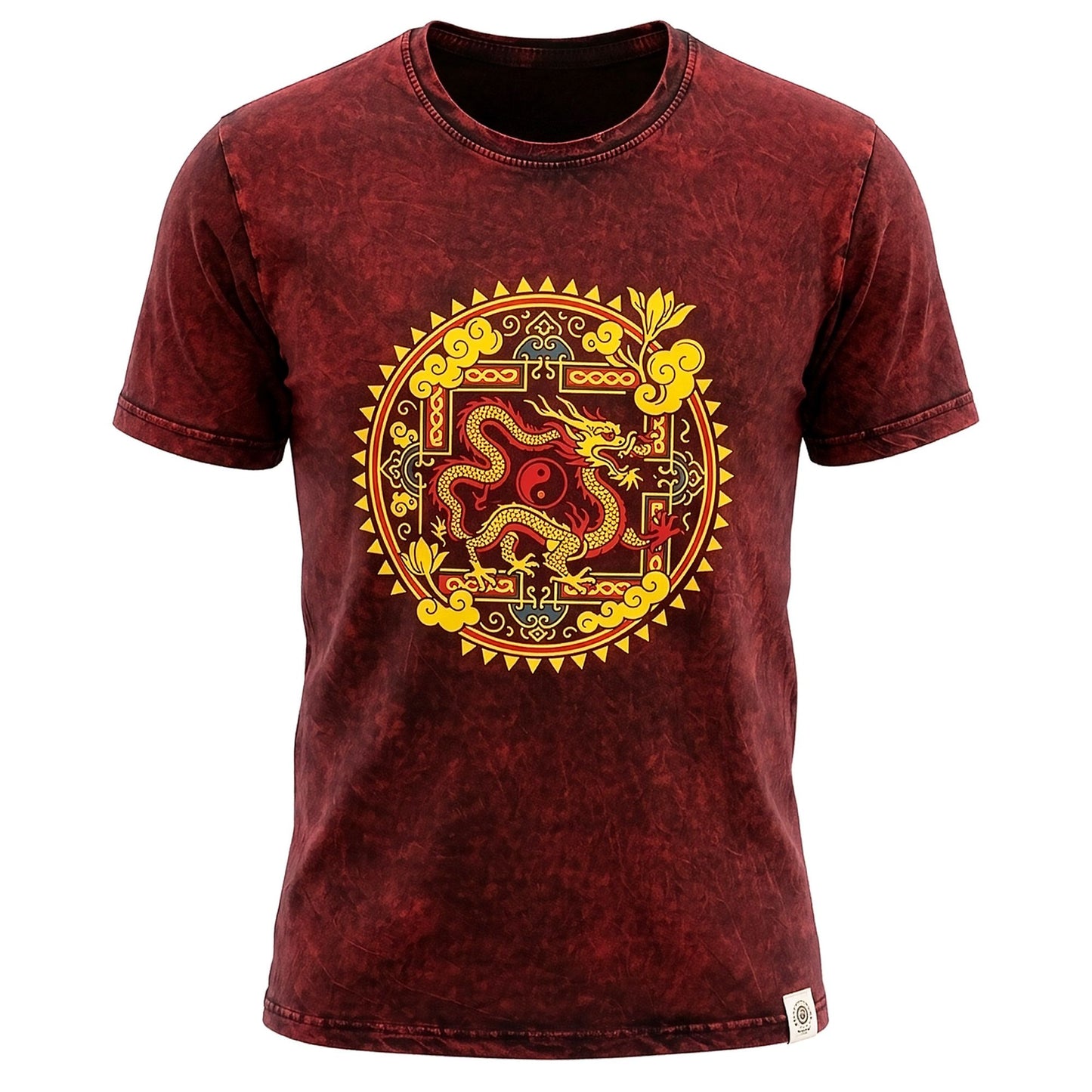 Nomad Sari Stonewashed T-Shirt – Drachen-Mandala – Weinrot – Größe XL