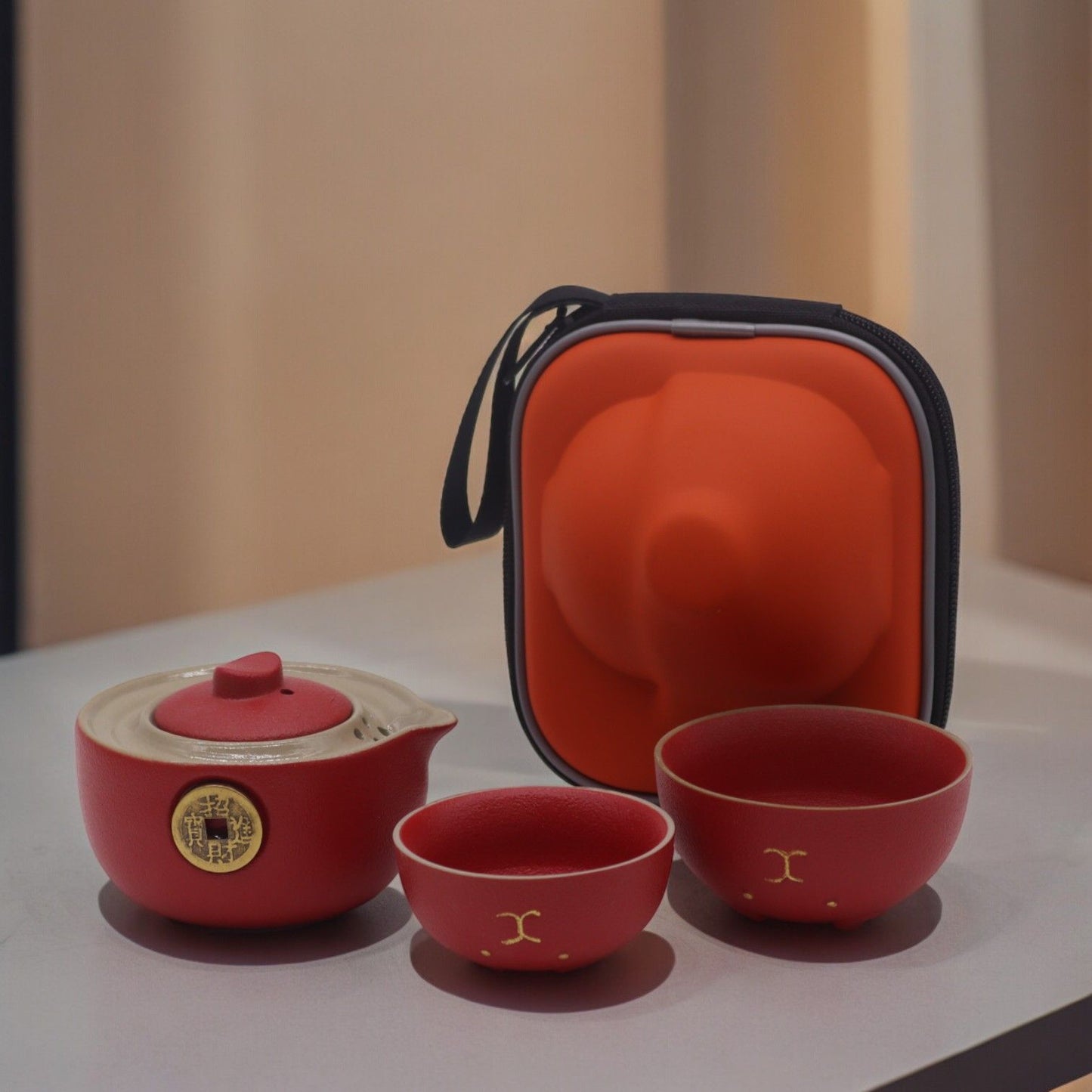 Glückskatzen Teekannen-Set & 2 Tassen – Rot Gold