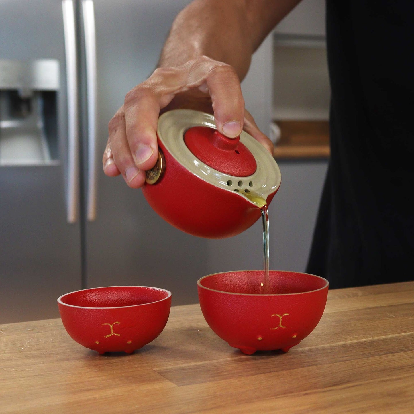 Glückskatzen Teekannen-Set & 2 Tassen – Rot Gold