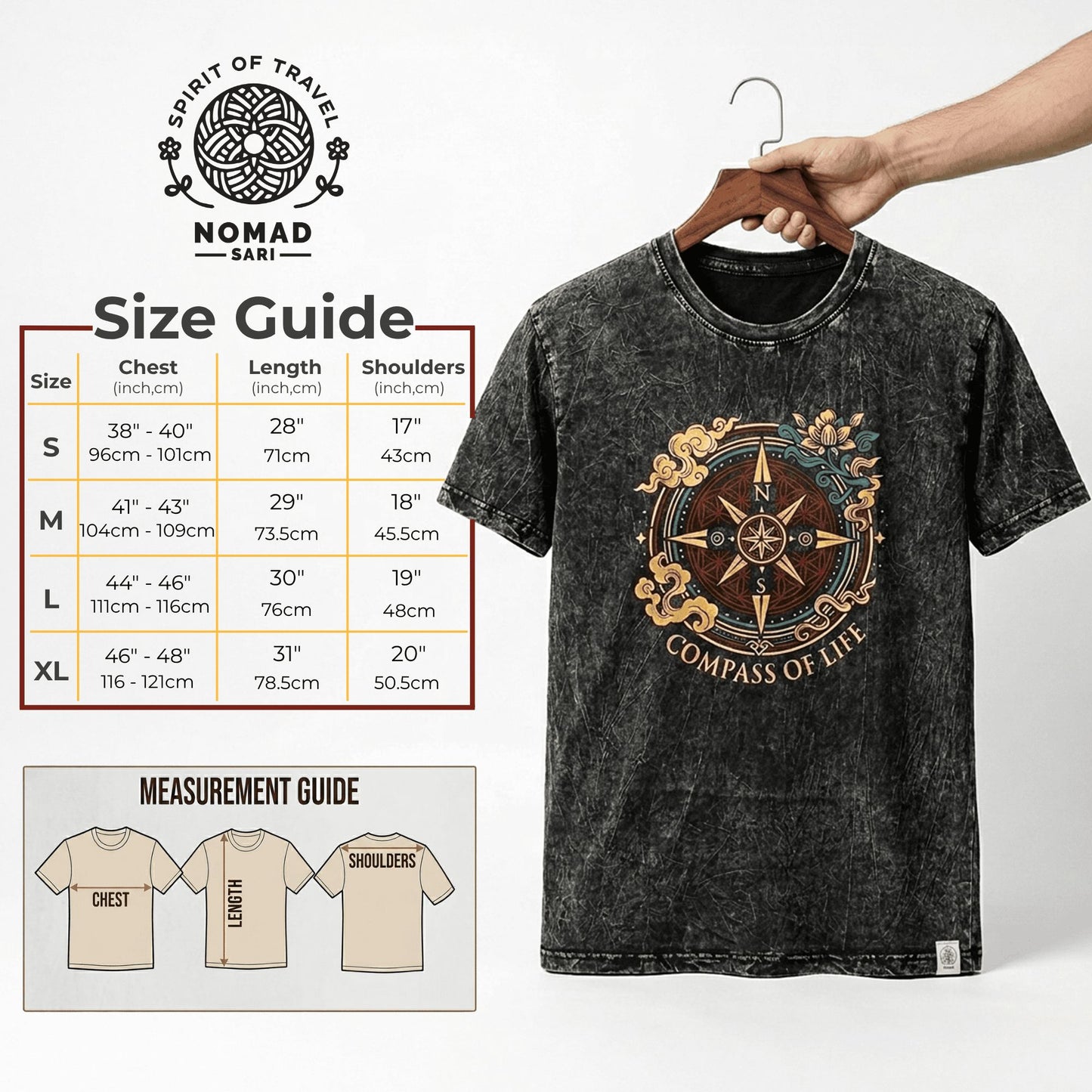 Nomad Sari Stonewashed T-Shirt – Kompass des Lebens – Anthrazit – Größe M
