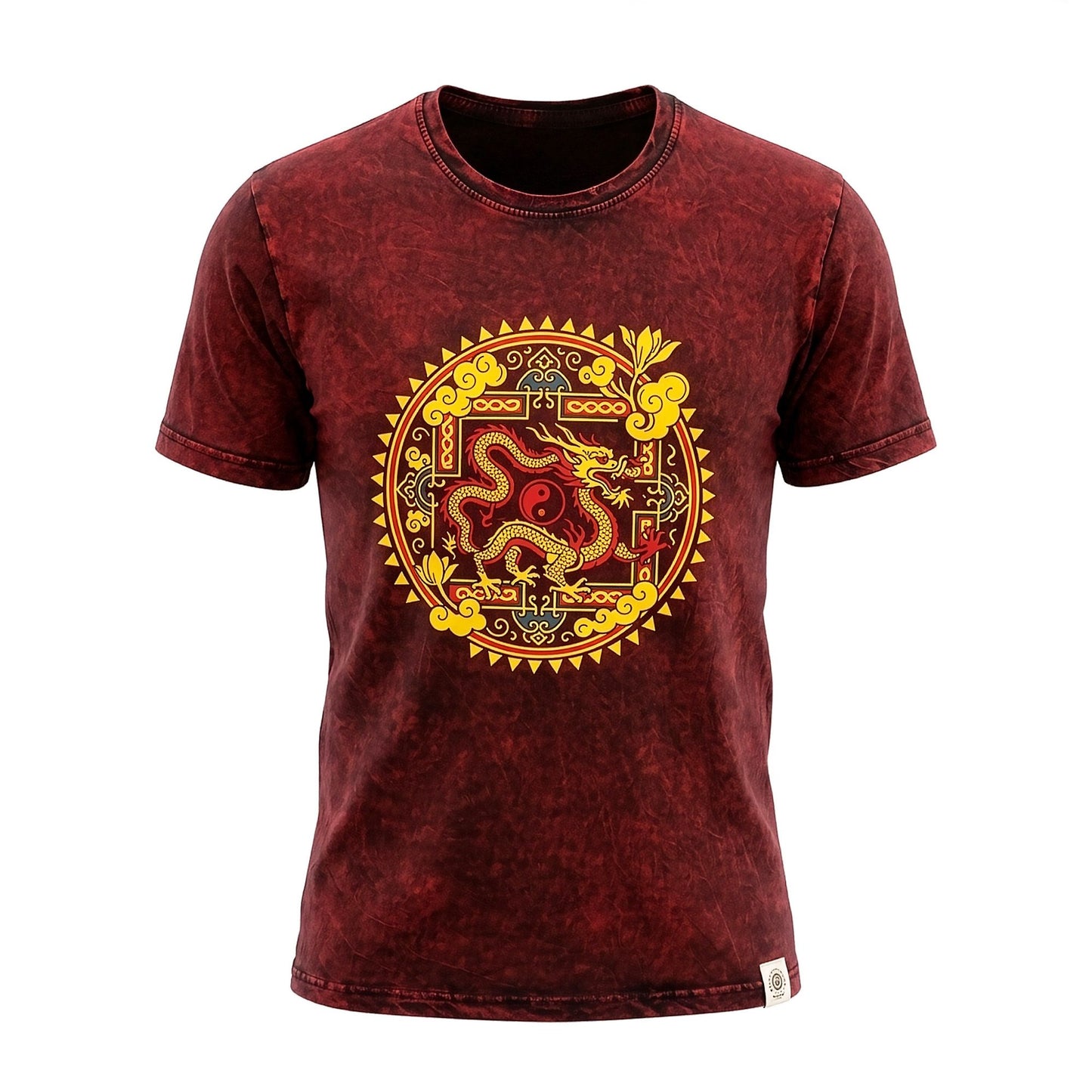 Nomad Sari Stonewashed T-Shirt – Drachen-Mandala – Weinrot – Größe S