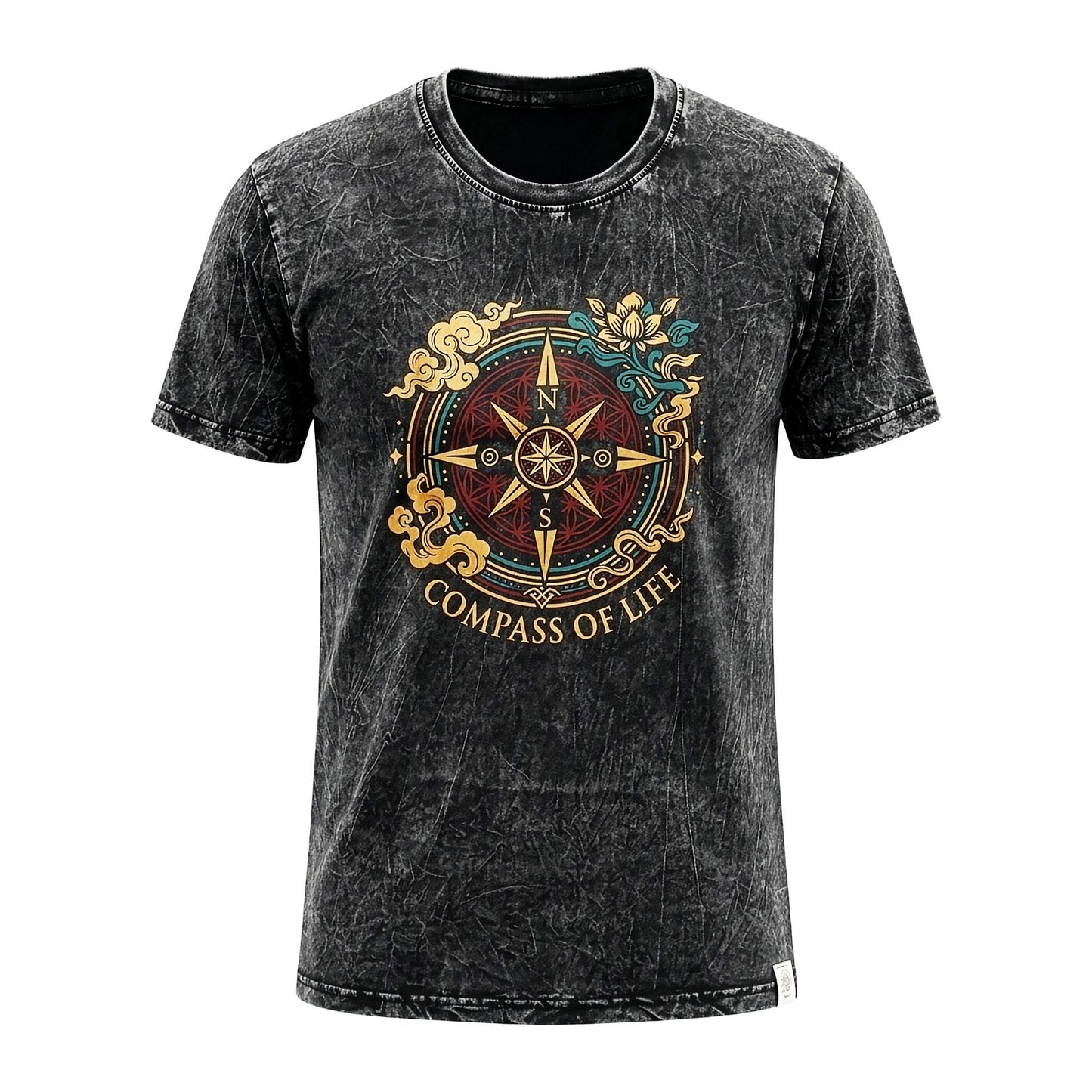 Nomad Sari Stonewashed T-Shirt – Kompass des Lebens – Anthrazit – Größe S