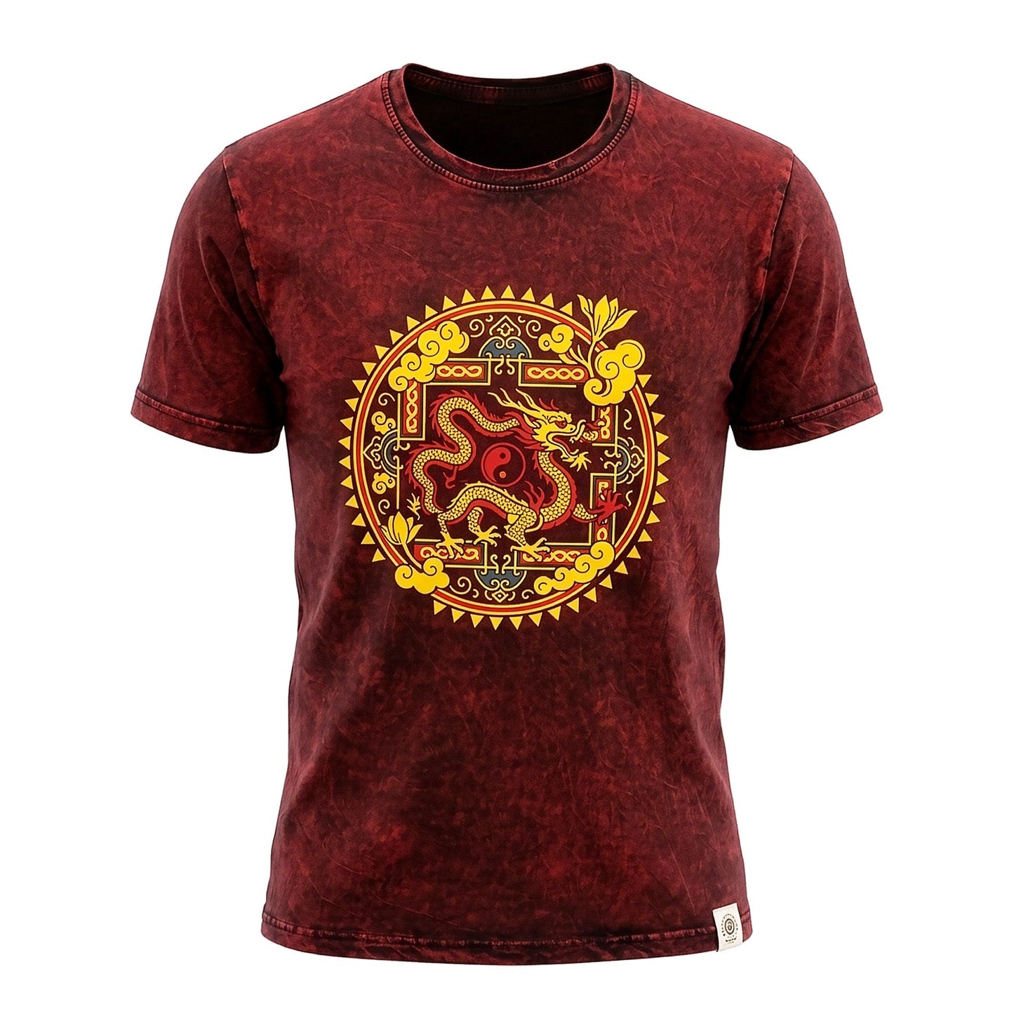 Nomad Sari Stonewashed T-Shirt – Drachen-Mandala – Weinrot – Größe M