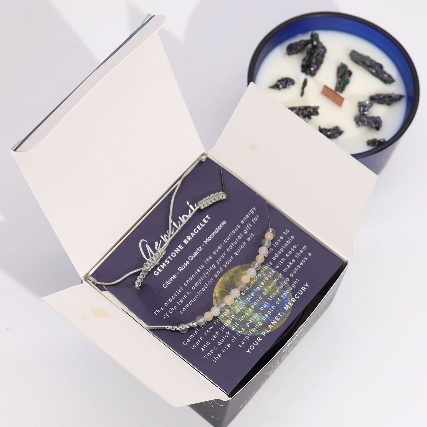 Sternzeichen Kristallkerze & Edelstein-Armband – Zwillinge (Gemini)
