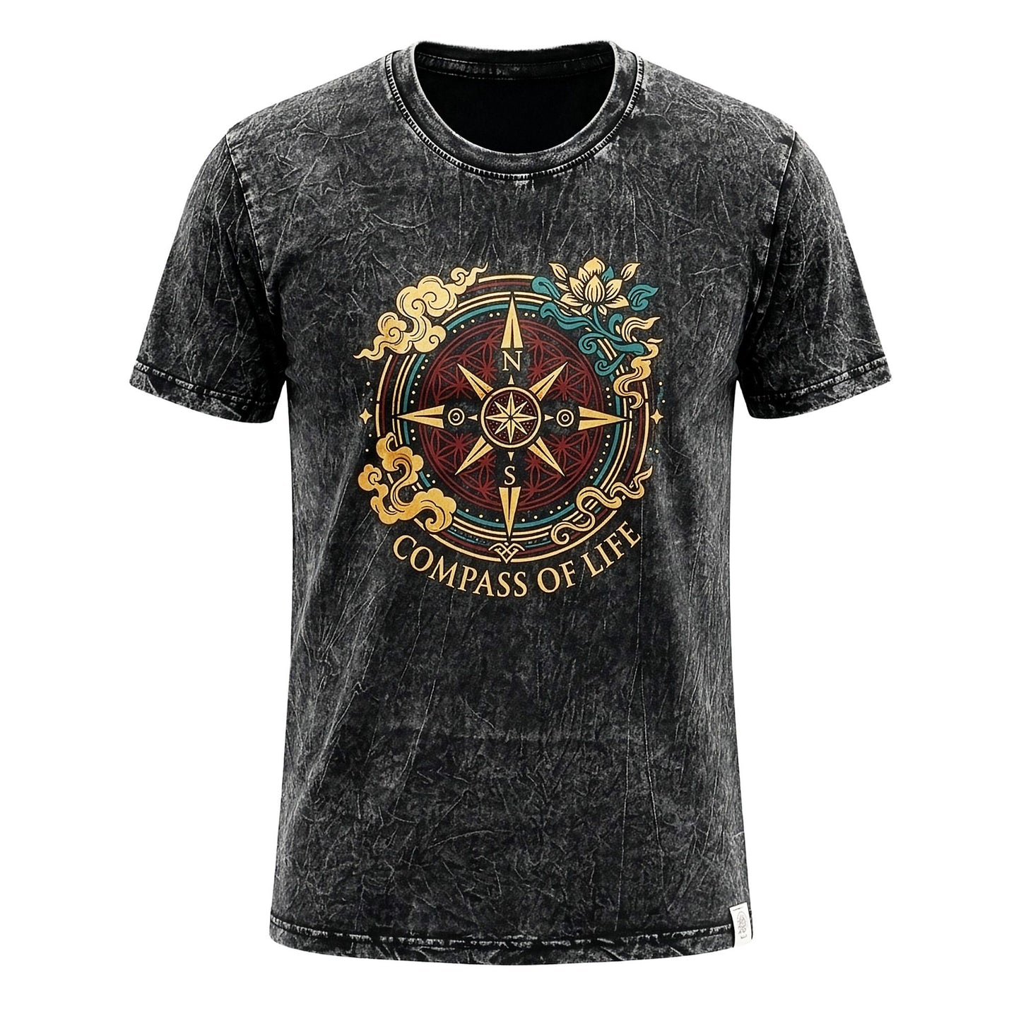 Nomad Sari Stonewashed T-Shirt – Kompass des Lebens – Anthrazit – Größe M