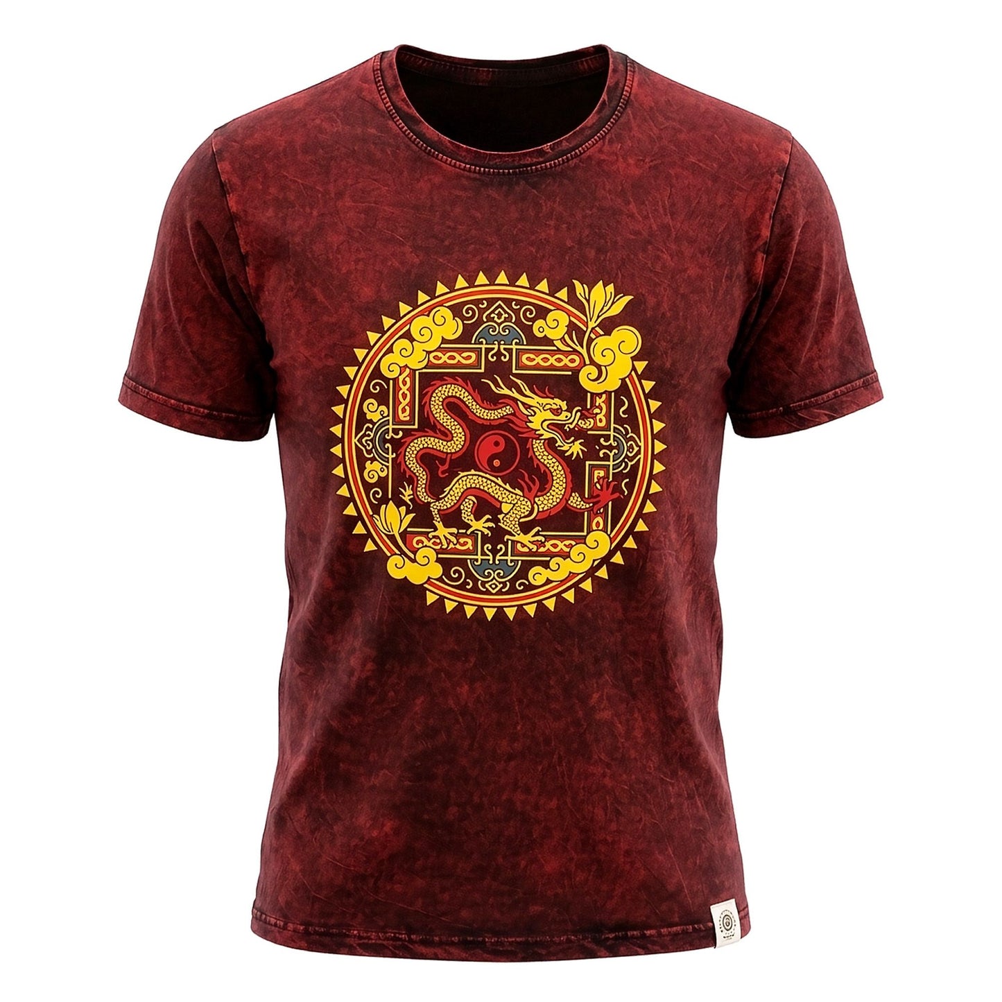 Nomad Sari Stonewashed T-Shirt – Drachen-Mandala – Weinrot – Größe L