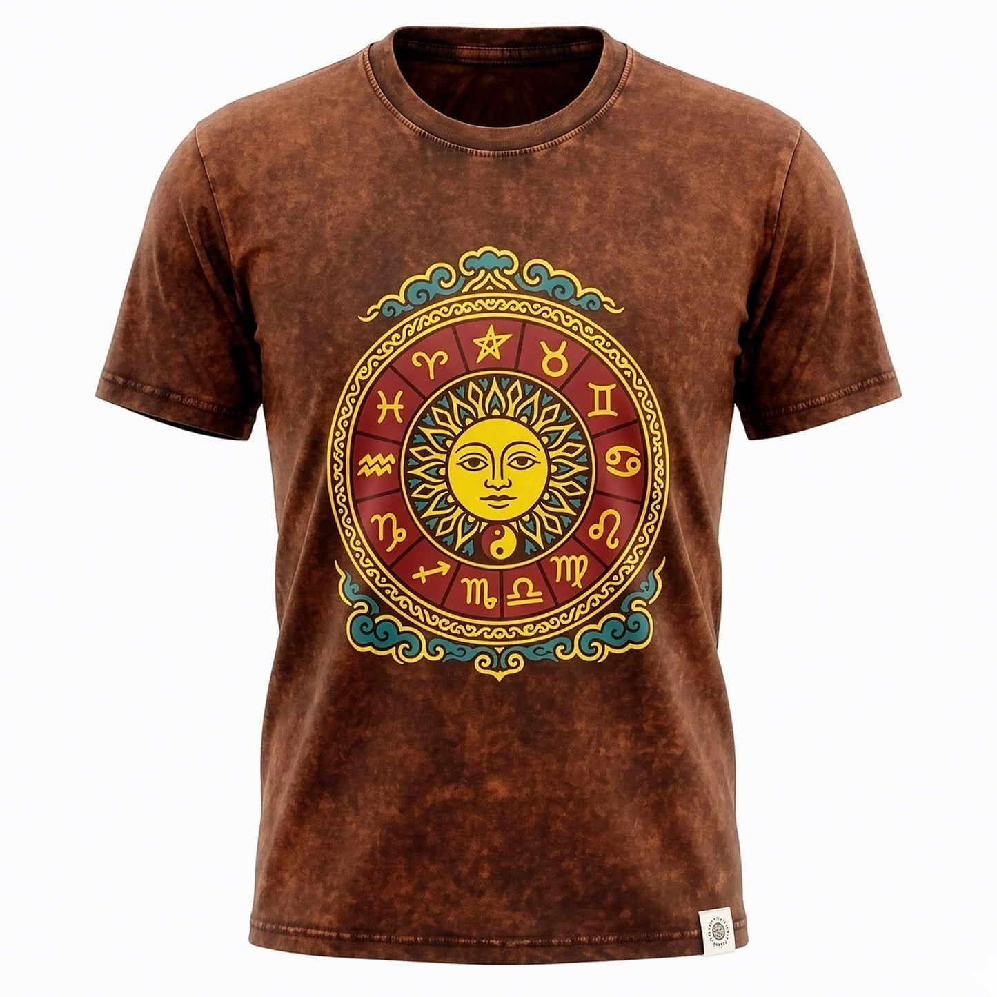 Nomad Sari Stonewashed T-Shirt – Sonne & Tierkreis – Braun – Größe XL