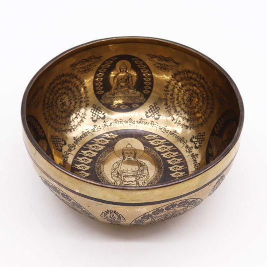 Tibetische Heilklangschale Graviert – Fünf Buddhas 21cm (Nepal)