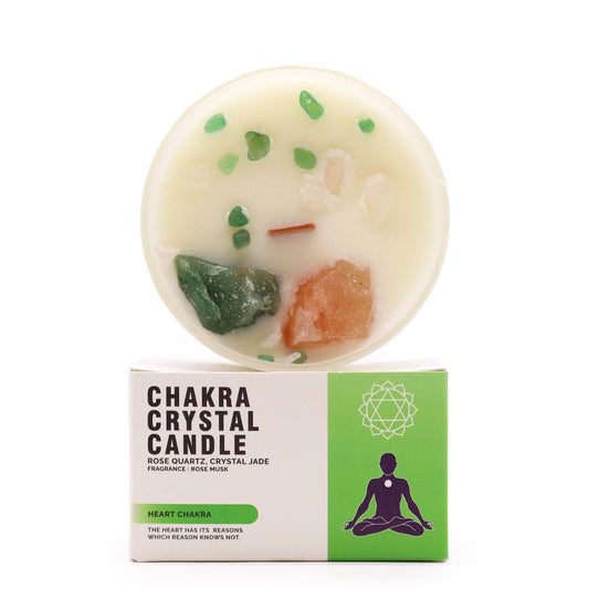 Chakra Kristallkerze – Herzchakra | Sojakerze mit Edelsteinen