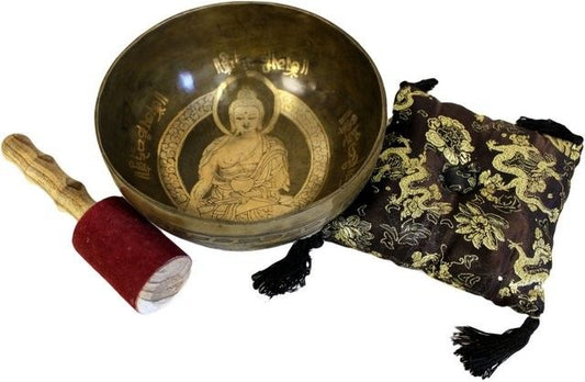 Tibetische Klangschale Goldener Buddha – Premium Geschenkset 19cm